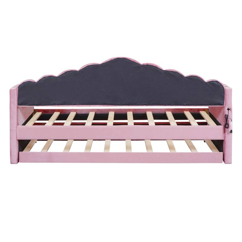 Roomfitters Twin Upholstered Daybed with Trundle, Velvet Sofa Bed with USB Charging Ports, No Box Spring, Pink