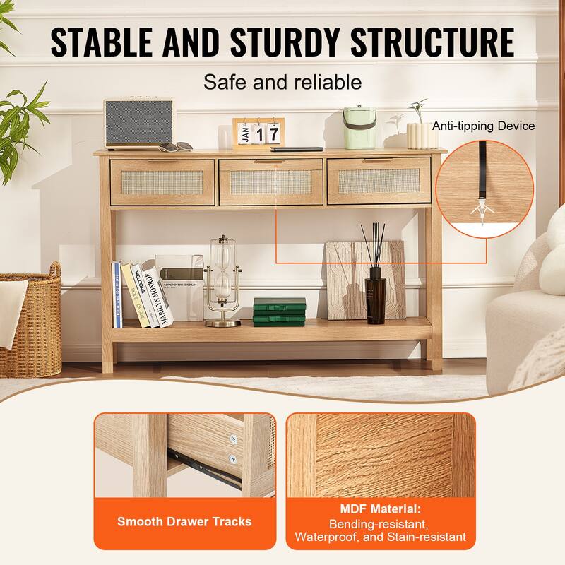 Rattan Console Table with 3 Storage Drawers, Rattan Entryway Table with Natural Rattan Sliding Door, Console Sofa Table