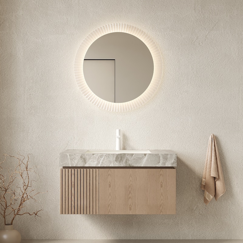 Floating Bathroom Vanity with Sintered Stone Top & Undermount Ceramic Basin with Single Pre-drilled Faucet Hole - 35.83'' x 18.9'' x 17.72'' - Light Brown and Light Gray