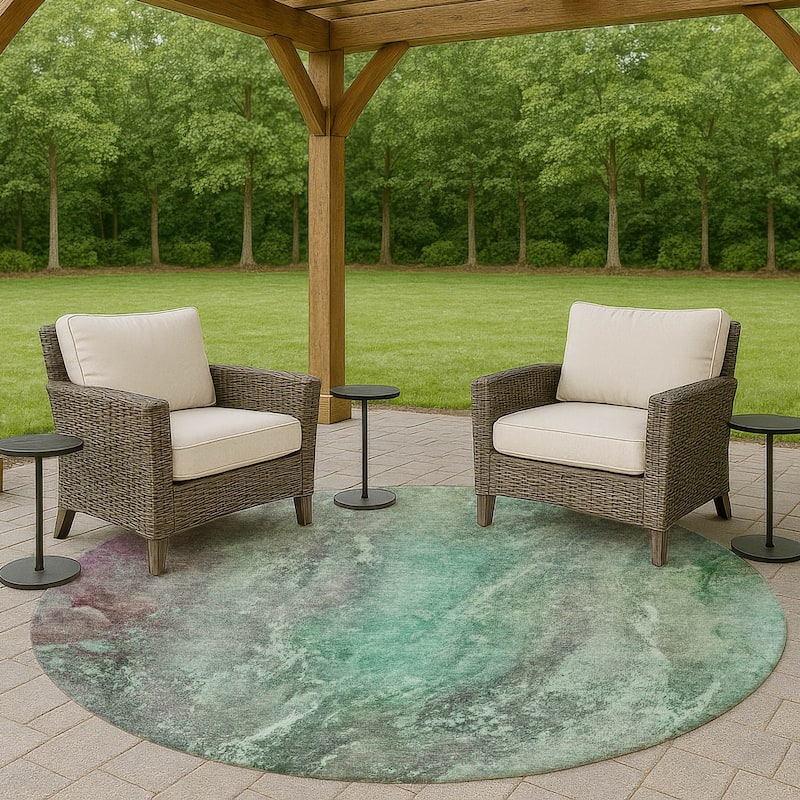 Machine Washable Indoor/ Outdoor Abstract Watercolor Chantille Rug - Teal - 8' x 8'