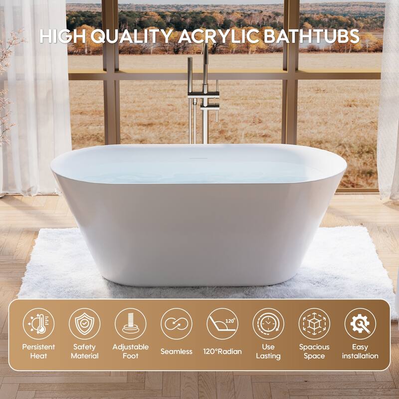 Glossy White Freestanding Soaking Bathtub, 100% Pure Virgin Acrylic with Drain And Overflow