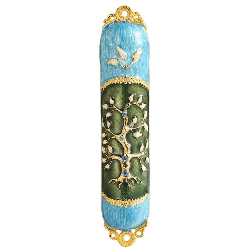 Matashi Hand Painted Enamel Mezuzah Embellished with a Tree of Life Design with Gold Accents and High Quality Crystals