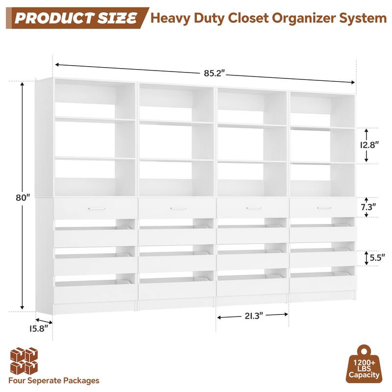 21.3'' W Closet System with 4 Wooden Drawers, 1.78FT Walk-in Closet Organizer Wardrobe with Adjustable Open Shelves