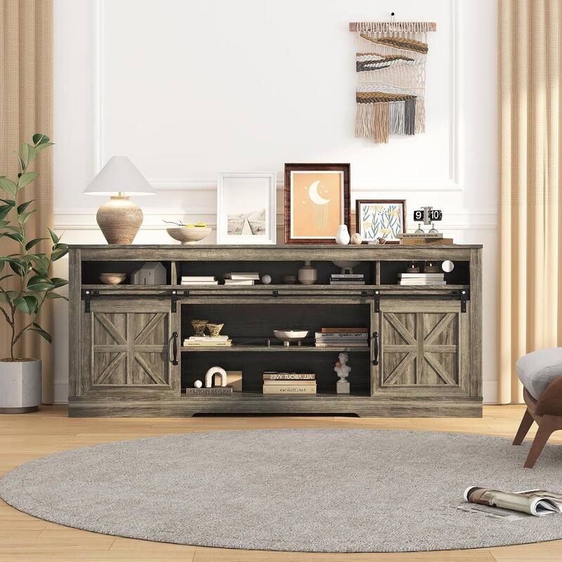 66" Farmhouse TV Stands, Entertainment Center with Open Storage, Power Outlets - N/A - Brown