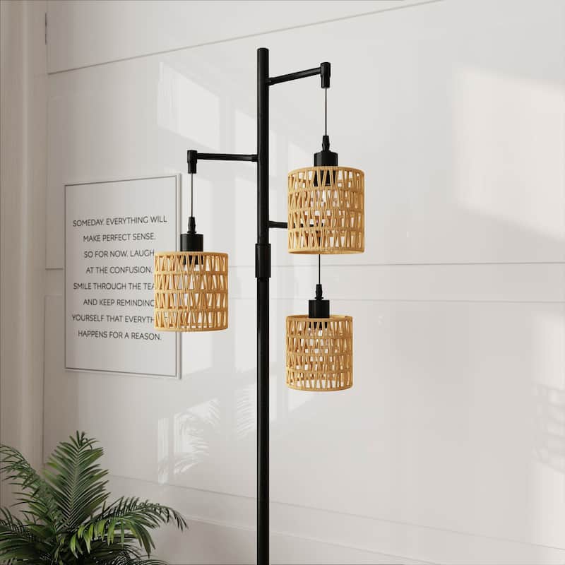 3 Light Rattan Standing Tall Lamp Vintage Floor Lamps