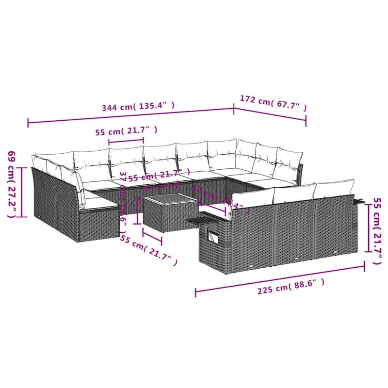 vidaXL Garden Sofa Set 14 Piece with Cushions Outdoor Sofa Set Poly Rattan - 24.4 x 24.4 x 27.2 in (W x L x H)