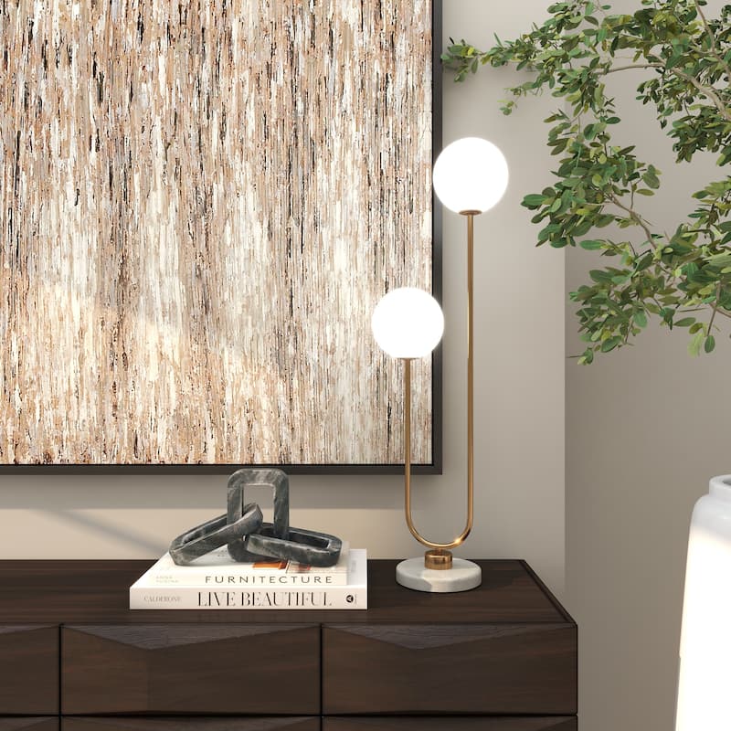 Metal Curved Orb 2 Light Room Table Lamp with White Glass Shades and Marble Base - Gold or Silver - Roche River Decor