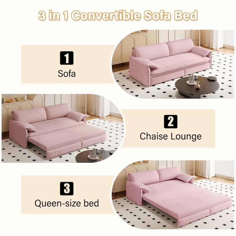 66" Queen Velvet Pull Out Sofa Bed w/ Side Storage Multi-Functional Loveseat Bed for Living Room Office - Pink