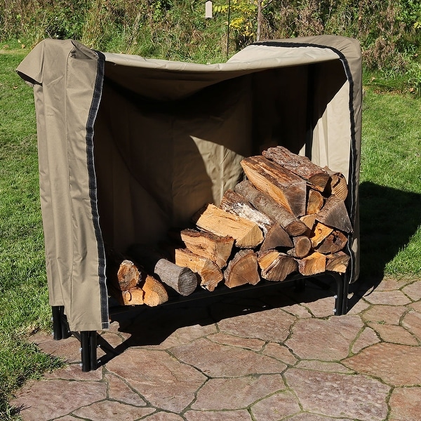 Sunnydaze Black Steel Firewood Storage Log Rack With Khaki Sunnydaze Black Steel Firewood Storage Log Rack With Khaki Cover 4 Foot
