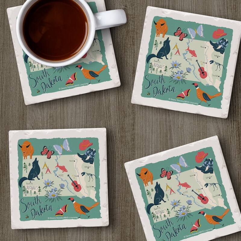 South Dakota Home 4-Pack Absorbent Stone Coasters with Protective Cork Backing 4" Square Made in The USA Easily Wipes Clean