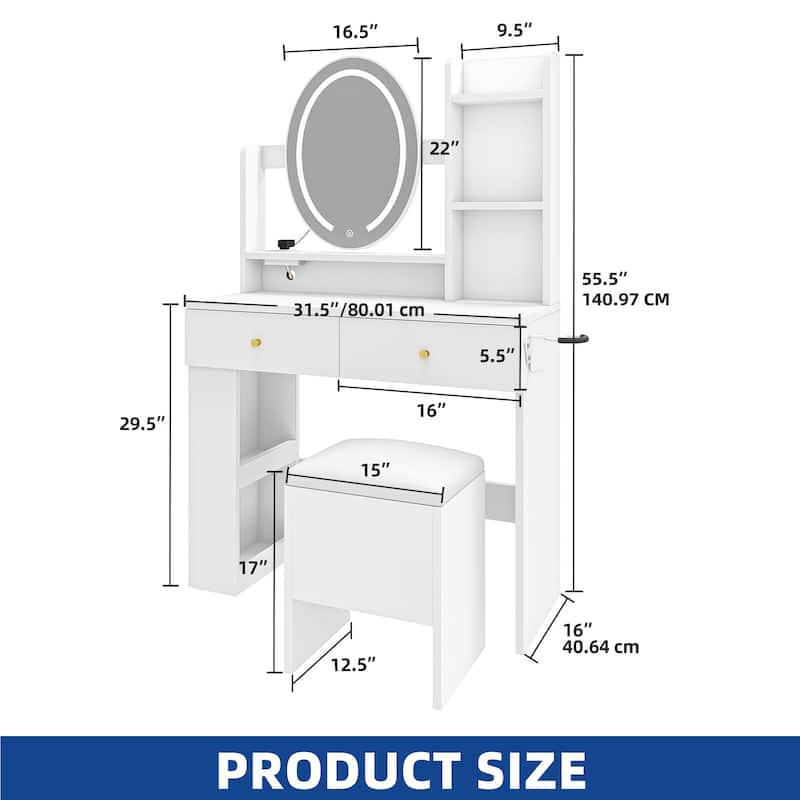 Moasis Makeup Vanity Set With Storage Ottoman and LED Lighted Mirror & Charge Station