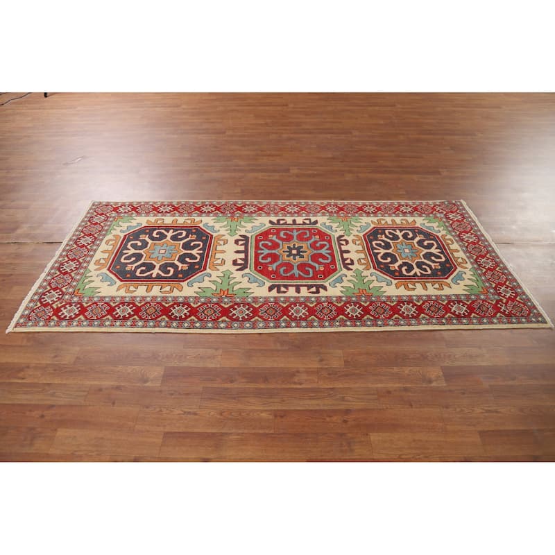 Geometric Kazak Runner Rug Hand-Knotted Wool Carpet - 3'3" x 7'2"