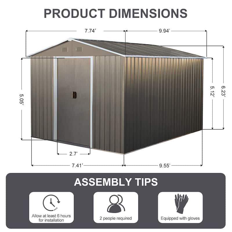 8x10ft Outdoor Metal Storage Shed Grey