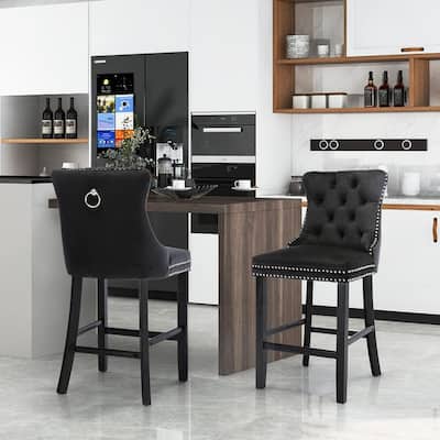 Contemporary Tufted Velvet Upholstered Counter Bar Stools Set of 2