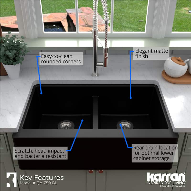 Karran Farmhouse Apron Front Quartz Double Bowl Kitchen Sink Kit