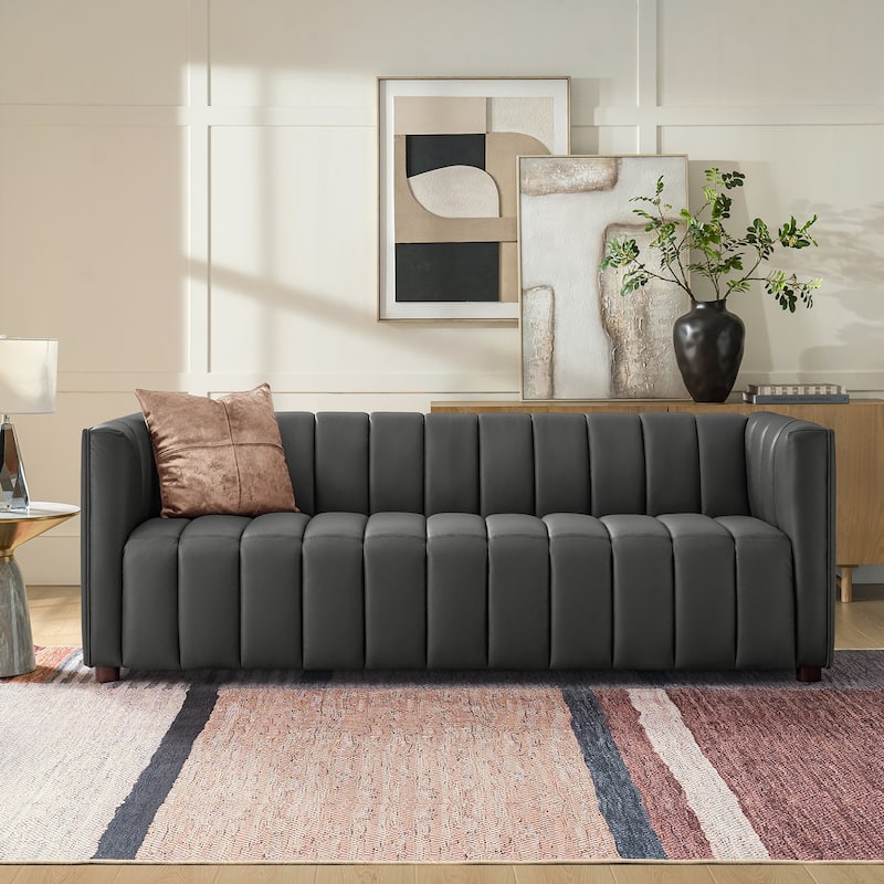 Olinto Modern 83-Inch Genuine Leather Tufted Couch Sofa with Channel Back by HULALA HOME