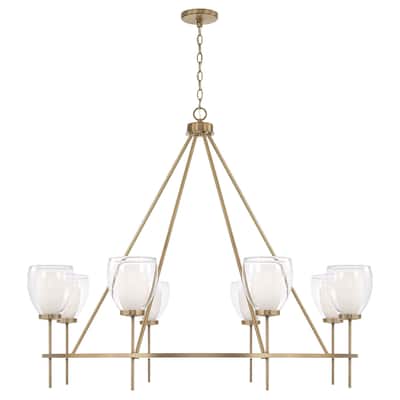 46" W x 37" H 8-Light Ring Chandelier in Aged Brass with Layered White and Clear Glass - 45.5"W x 37"H