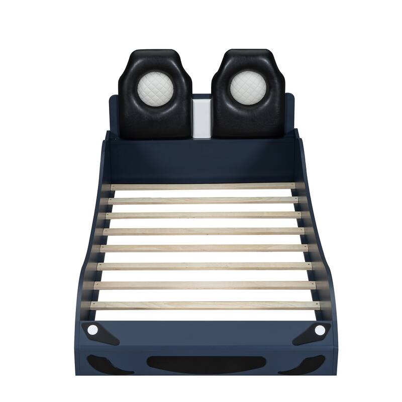 Wood Twin Size Race Car-Shaped Platform Bed With Led And Upholstered Backrest