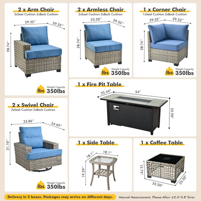 HOOOWOOO 10-piece Rattan Wicker Patio Outdoor Furniture Fire Pit Set with Swivel Rocking Chairs