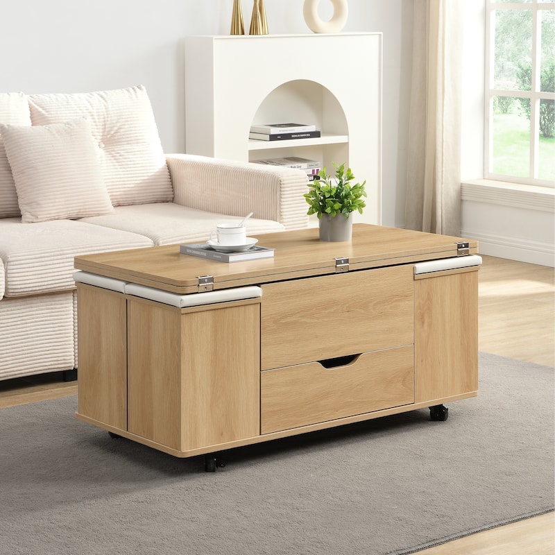 Lift-Top Coffee Table with Hidden Storage & 4 Stools - Multi-Functional Modern Center Table with Casters