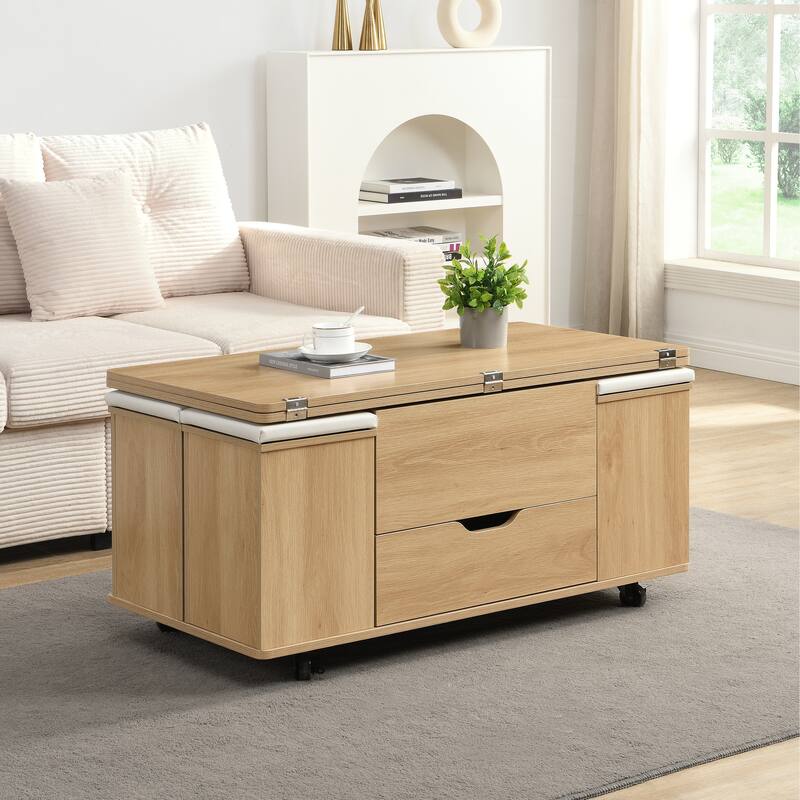 Multi-Functional Lift-Top Coffee Table with Hidden Storage and Stools,Table with 4 Stools and Casters