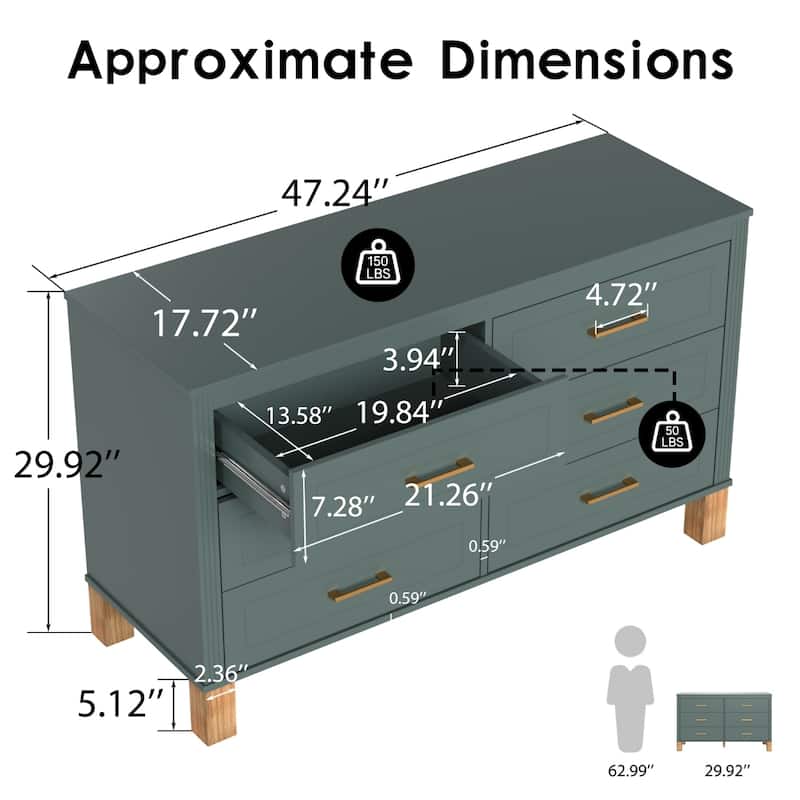 6-Drawer Double Dresser with Metal Handles & Solid Wood Legs, Kids Bedroom Storage Organizer