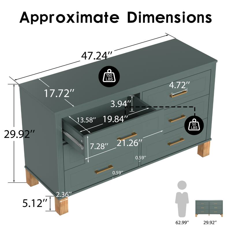 Modern Storage 6 Drawers Cabinet with Metal Handles and Solid Wood Legs