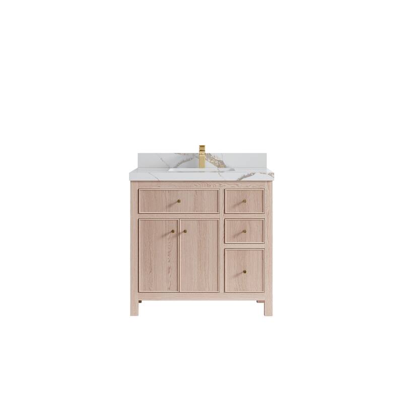 Willow Collections 36 x 22 Sonoma Oak Wood Center Sink Left Bathroom Vanity with Quartz or Marble Countertop - 2”Calacatta Gold - White Oak