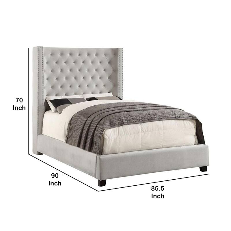 Rozy King Bed, Wingback Tall Headboard, Nailhead Trim, Ivory Upholstery