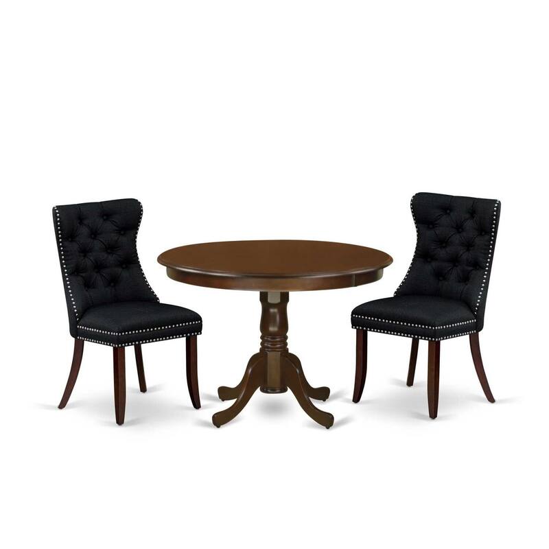 3-Piece Mahogany Finish Solid Wood Top-Round Upholstered Dining Room Set-Seats 4