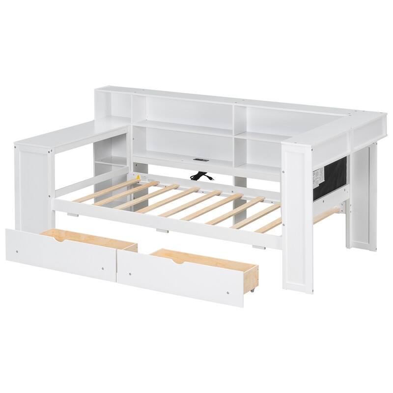 Twin Size Wood Platform Bed with Shelves, Drawers, Charging Station, LED, Desk and Upholstered Headboard