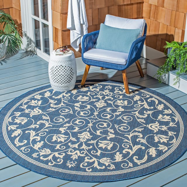 SAFAVIEH Courtyard Clarine Indoor/ Outdoor Waterproof Patio Backyard Rug - 5'3" Round - Navy/Beige