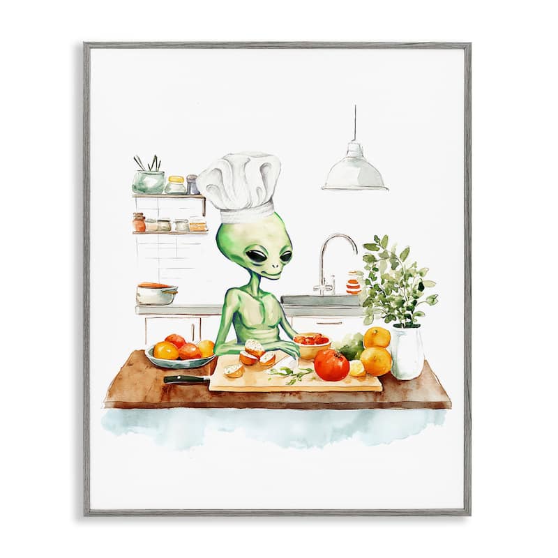 Stupell Chef Alien in Kitchen Framed Giclee Art Design By Lil' Rue - 11 x 14 - Grey