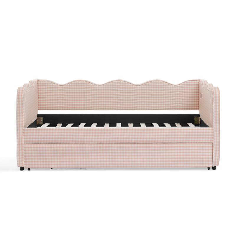 Linen Fabric Gingham Daybed with Trundle, Twin Size Sofa Bed with USB Port and Adorable Wave Shaped Headboard
