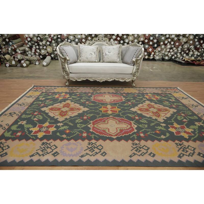 Hand Woven Oriental 100% Wool Carpet Southwestern Tribal Green Kilim Area Rug - 11' 8'' X 8' 11''