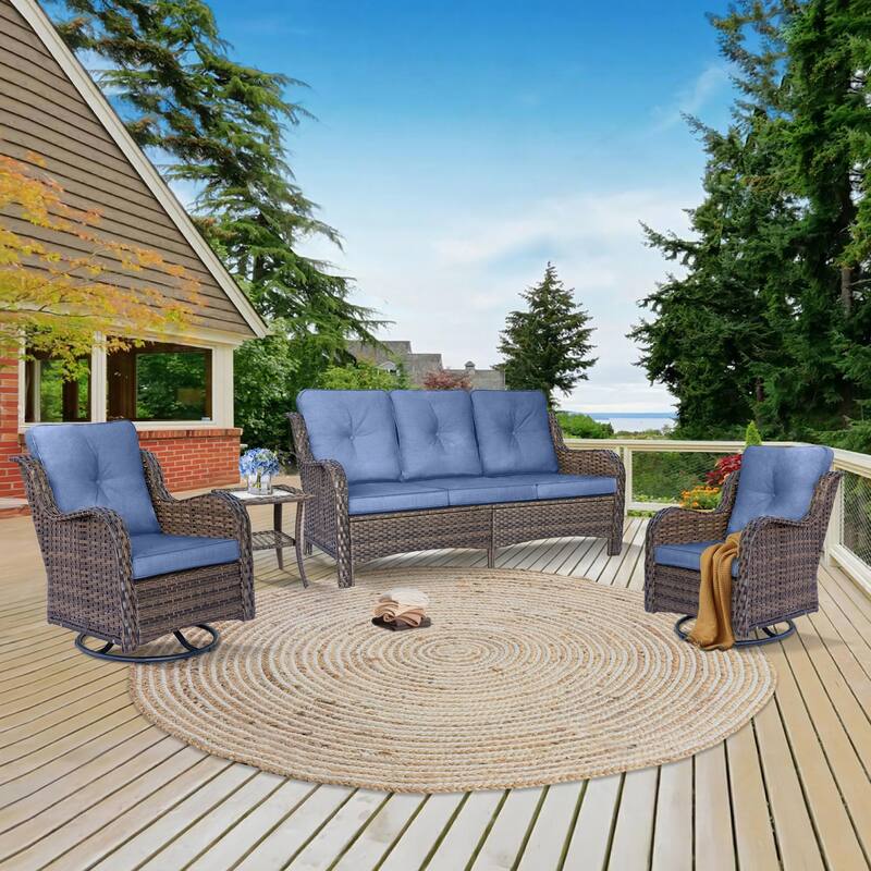 Outdoor Wicker Patio Conversation Seating Sofa Sets with Swivel Chairs - 4 Piece - Blue/Brown Wicker