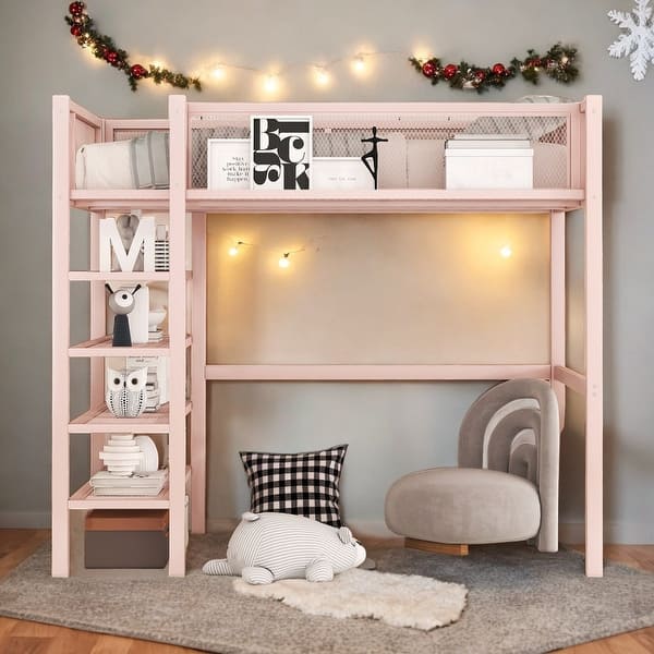 slide 2 of 39, Artsy Twin Size Metal Loft Bed with 4-Tier Shelves and Storage, Pink Pink