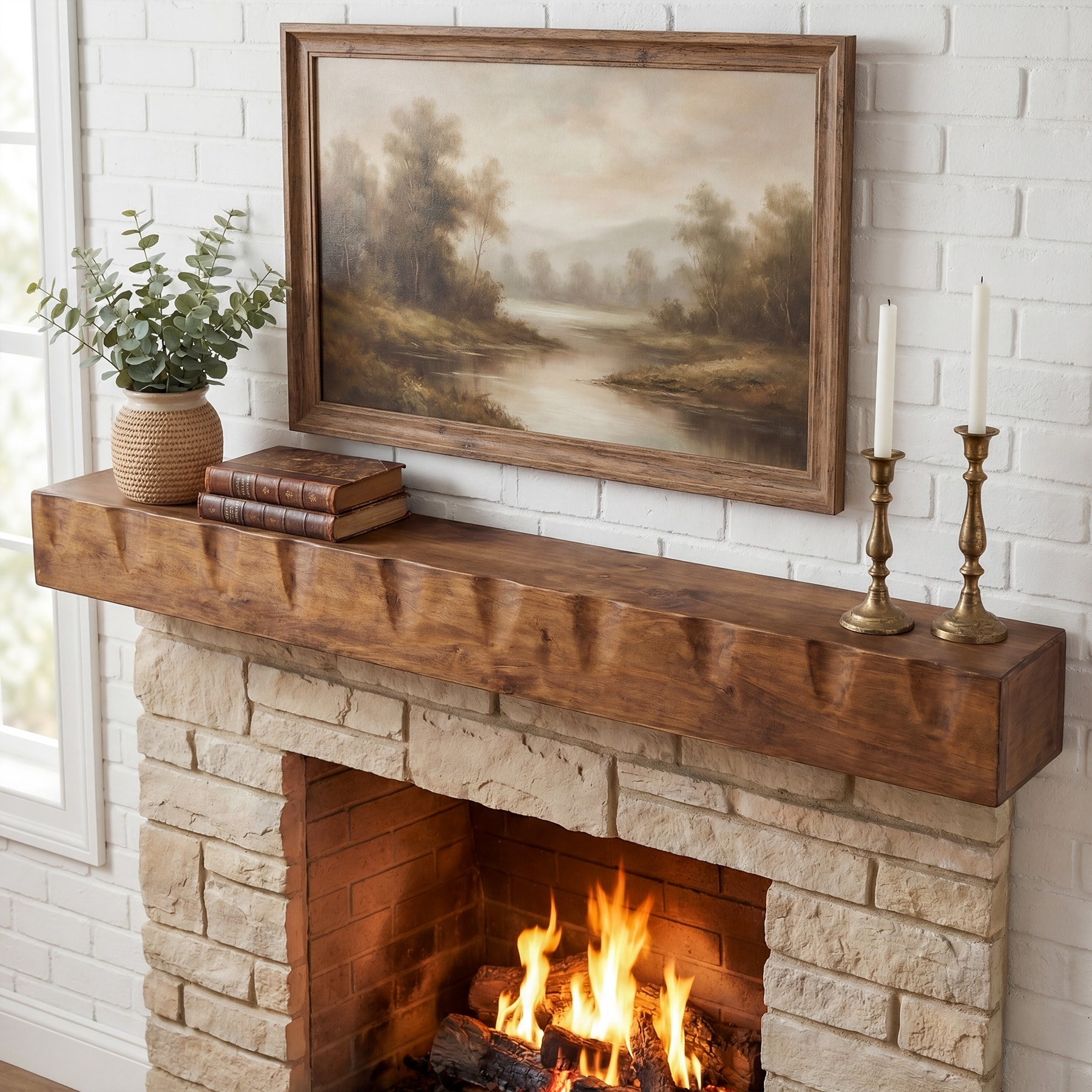 63" Fireplace Mantel Shelf, Solid Wood Farmhouse Rustic Floating Shelf - 7.87" D x 62.99" W x 5.91" H