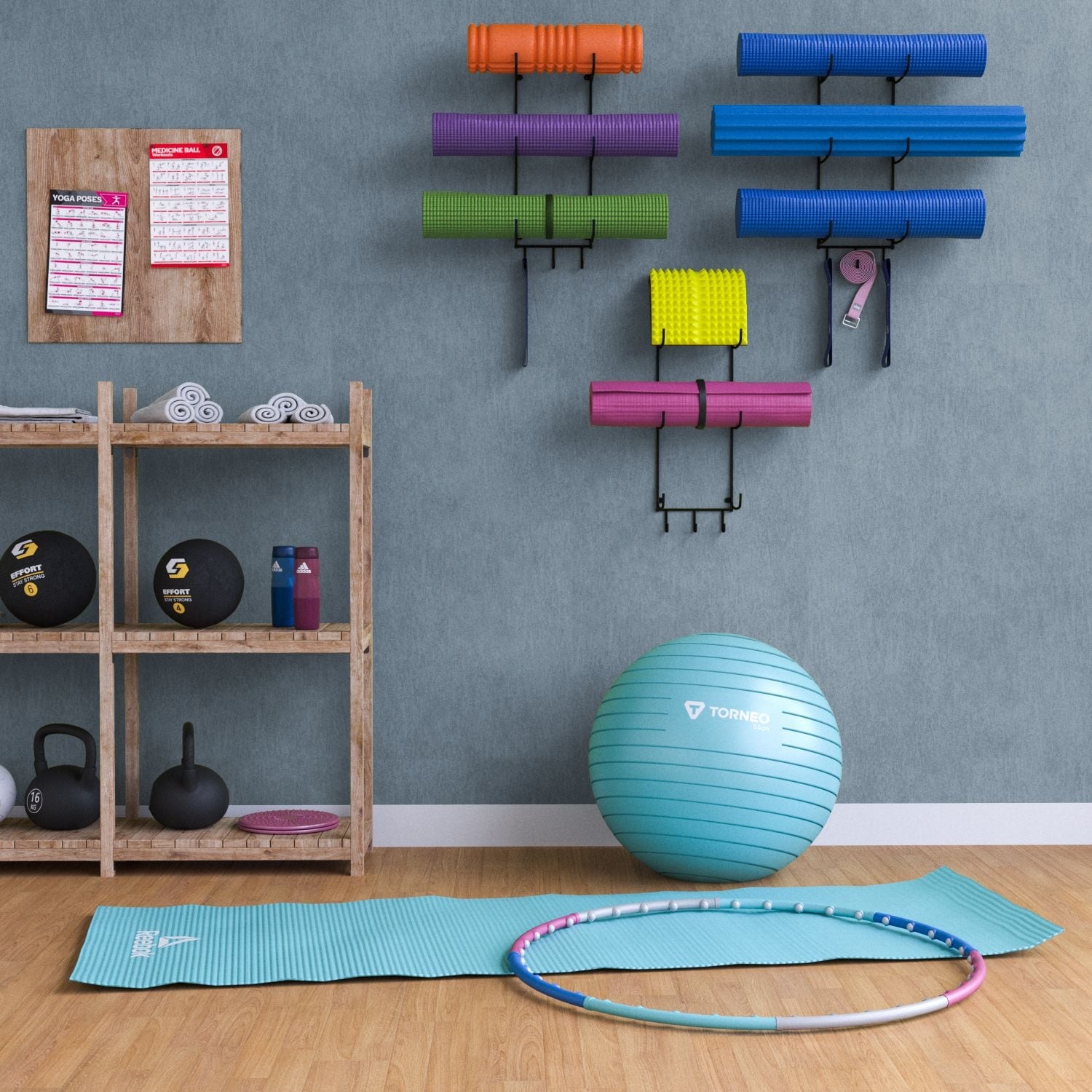 Wall Mount Yoga Mat Holder and Foam Roller Rack with 3 Hooks (Set of 3)