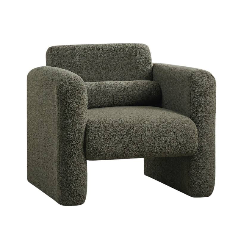 HomeRoots 31" Olive Green Boucle Upholstered Arm Chair And Toss Pillow - 30.70 in. x 30.90 in. x 33.50 in.
