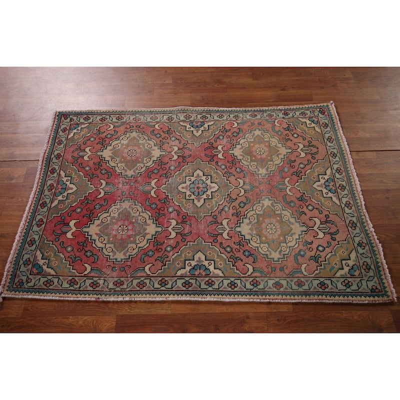 Pink Geometric Tabriz Persian Accent Rug Handmade Wool Carpet - 3'2" x 4'9"