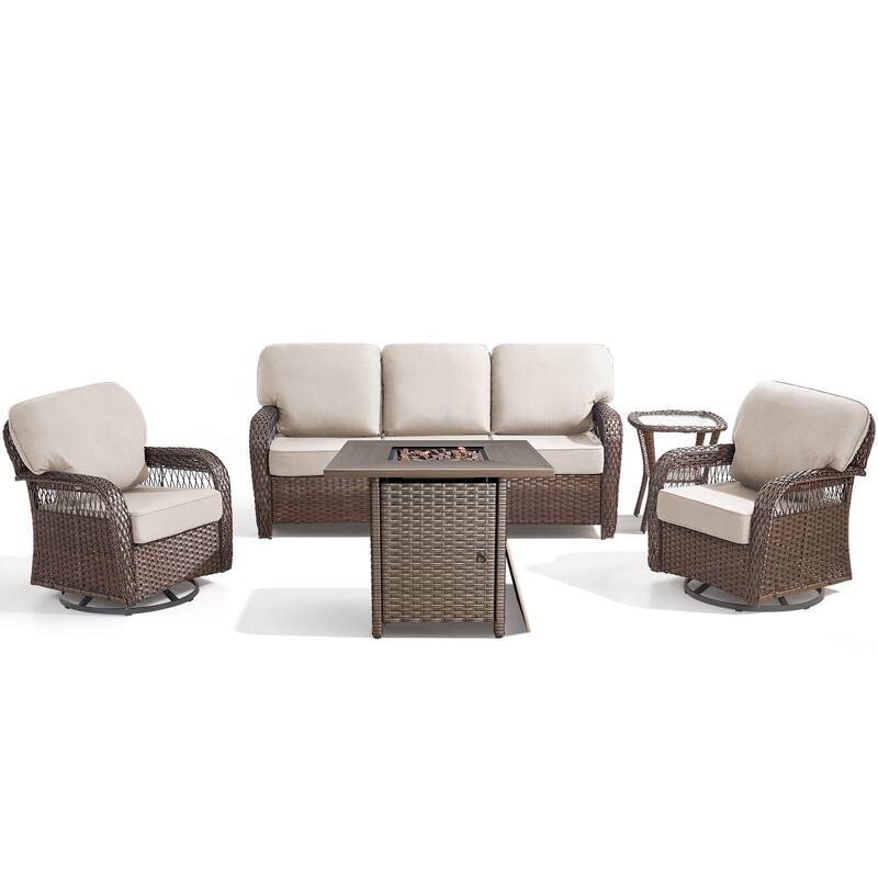 Pocassy Outdoor Sofa Ottoman Swivel Chair Table with Fire Table Set.