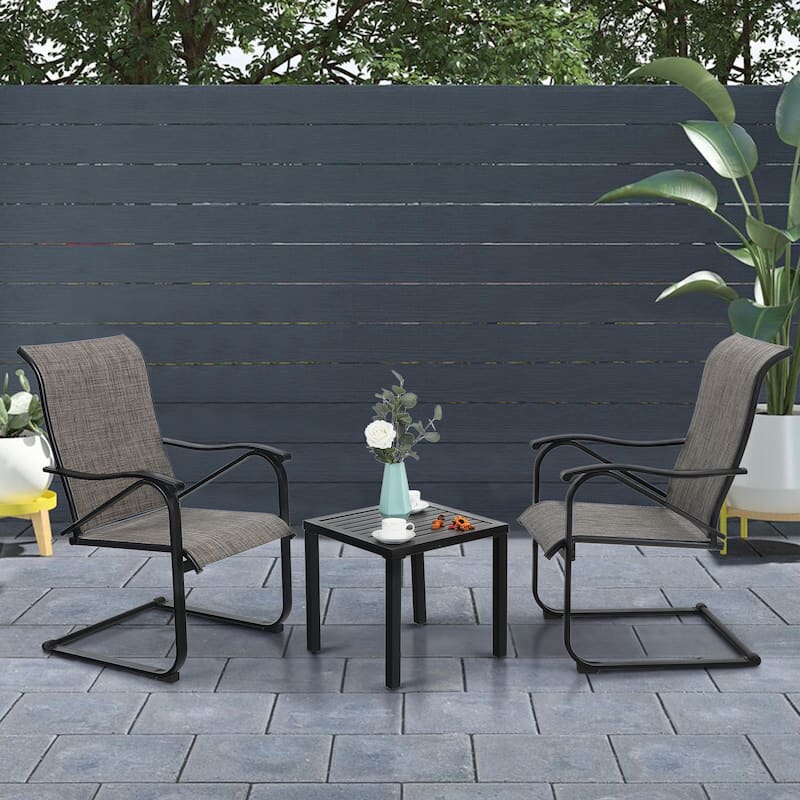 3-Piece Patio Dining Set, Small Square Coffee Table & C Spring Motion Chairs, Outdoor Conversation Sets - Tan