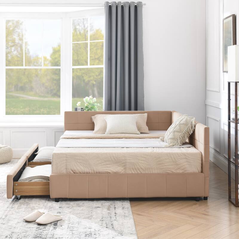 L-shaped Velvet Upholstered Daybed Tufted Sofa Bed with Soft Backrest Armrests - and Optional Corner Storage Day Bed - Pink with Drawers - Full