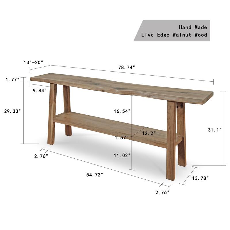 Artissance Live Edge Solid Walnut Wood Console Table with Shelf, 79 Inch Wide, Natural Finish (Color & Size May Vary)