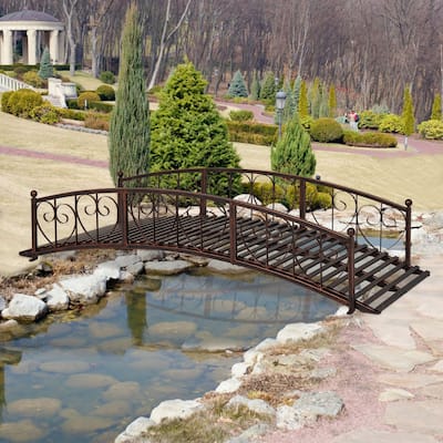 Kinbor 6 Ft Metal Garden Bridge with Safety Railings, Outdoor Iron Footbridge for Pond, Creek, Stream (Black Gold)
