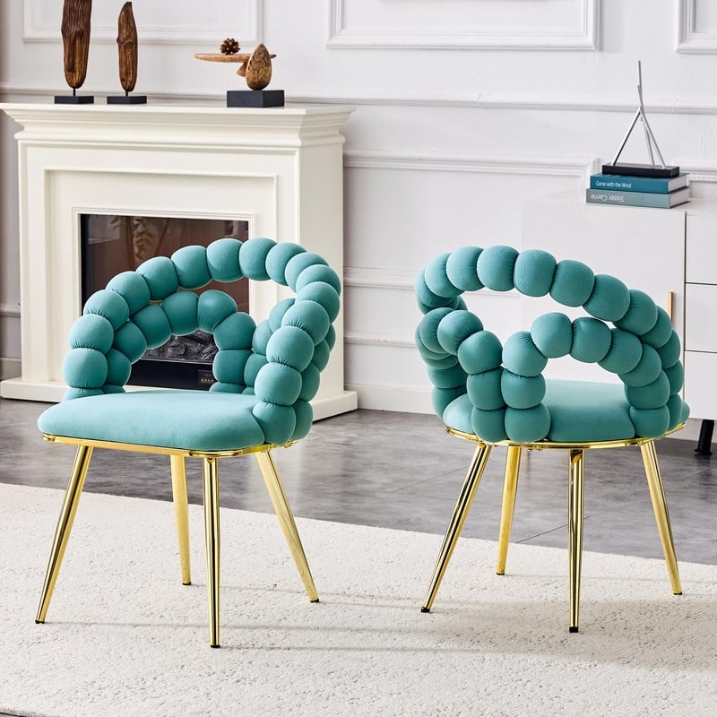 Puffy Bubble Velvet Dining Chairs with Ball Chain Design & Gold Legs