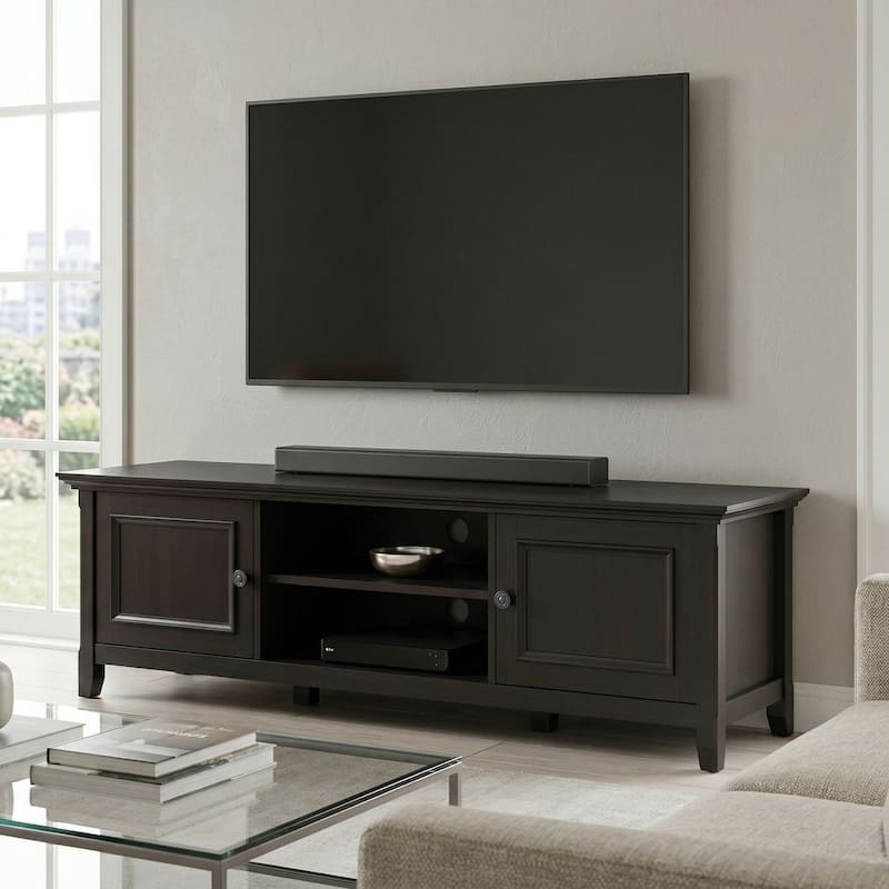 WYNDENHALL Halifax SOLID WOOD 72 inch Wide Transitional TV Media Stand in Hickory Brown For TVs up to 80 inches