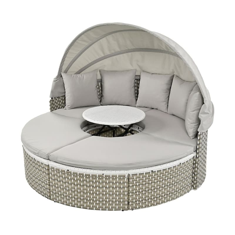 4-piece Outdoor Wicker Patio Round Daybed Sectional Sofa Set with Retractable Canop