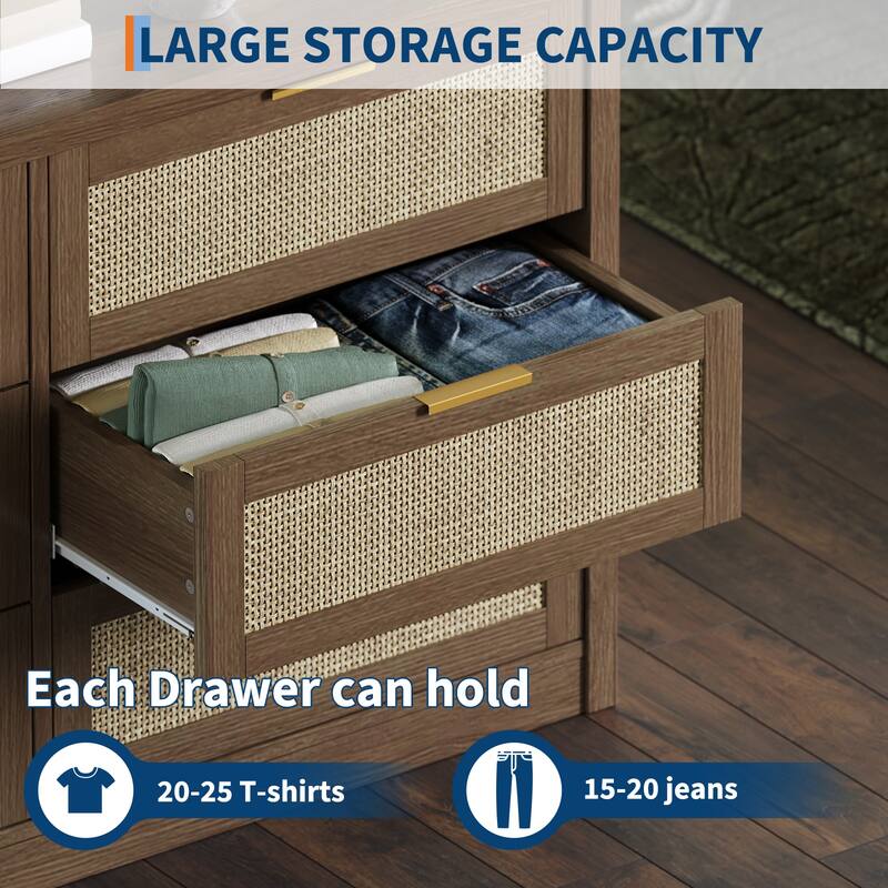 6/7-Drawer Dresser for Bedroom, Rattan Dresser Modern Wood Chest with Metal Handles